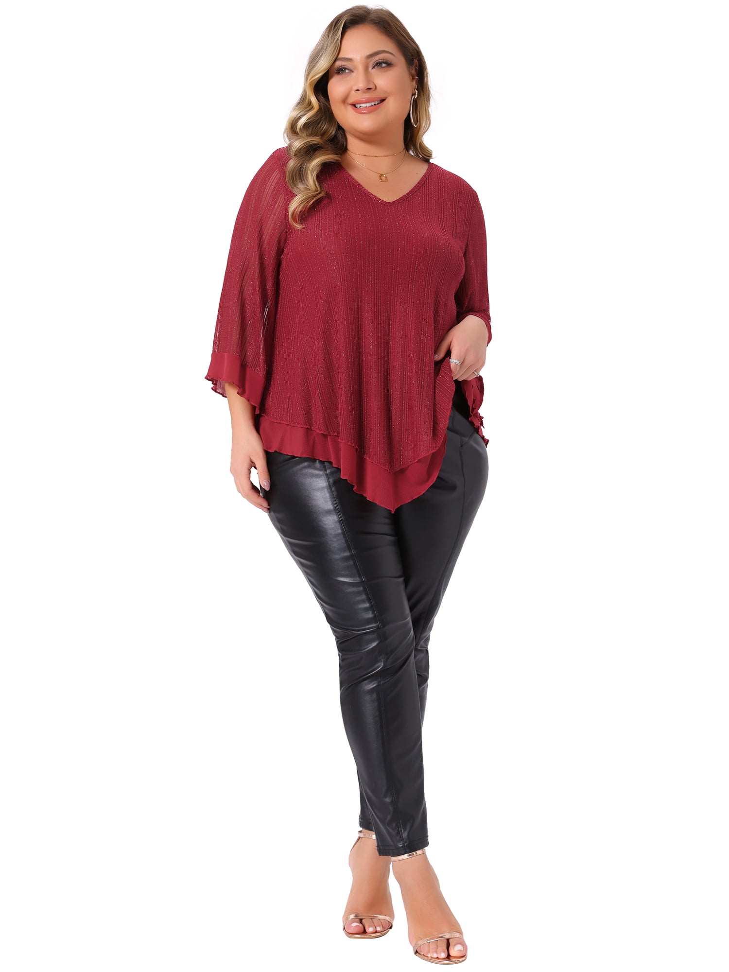 DARING DIVA Women's Plus Ruffle 3/4 Sleeve V Neck Loose Fit Blouse 3X Burgundy