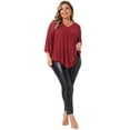 thumbnail image 3 of DARING DIVA Women's Plus Ruffle 3/4 Sleeve V Neck Loose Fit Blouse 1X Burgundy, 3 of 6