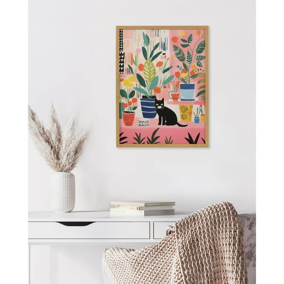 Kate and Laurel Whimsical Houseplants and a Black Kitty Cat Framed Wall Art by The Creative Bunch Studio, 12x16 Gold, Colorful Cat and Plants Art for Wall