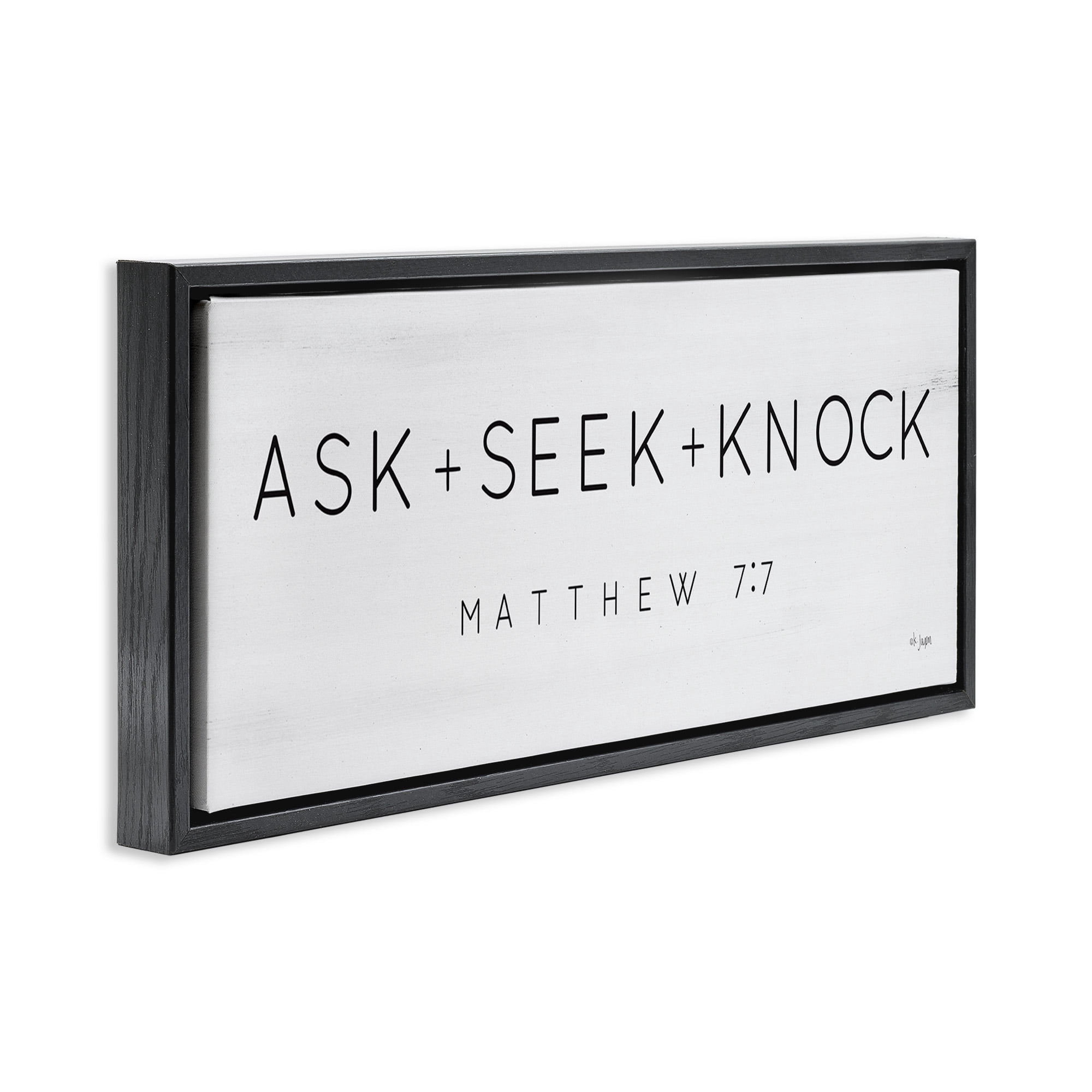 Stupell Industries Ask Seek Knock Minimal Scripture Religious Painting Black Floater Framed Canvas Art Print Wall Art, 31 x 14
