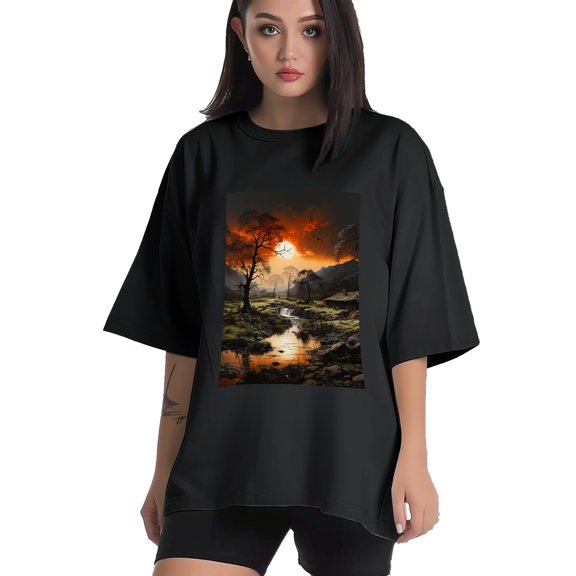 Plus Size Shirt for Women Black Tops for Women Short Sleeves Shirt for Women Landscape T Shirt Crewneck Shirt for Women XS