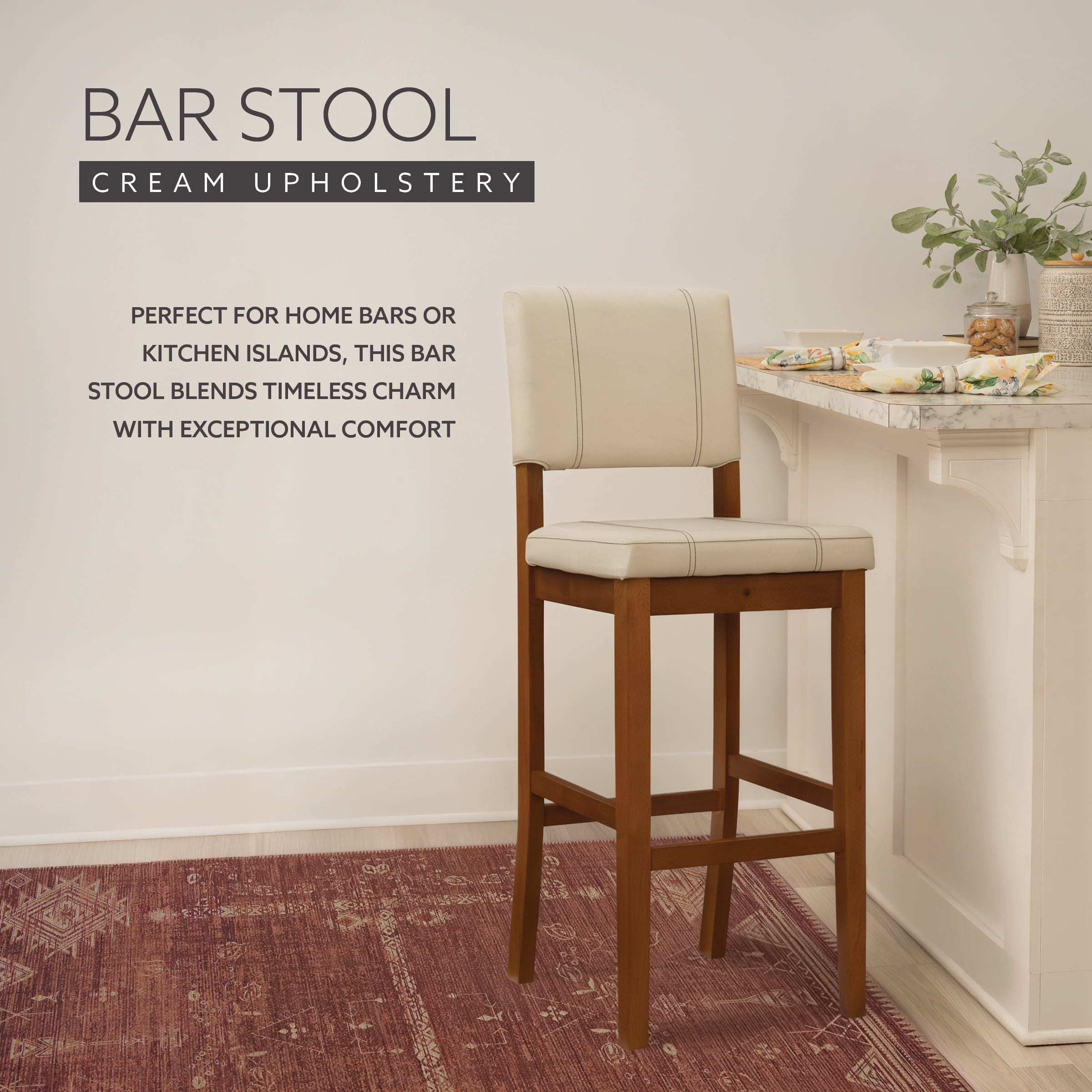 Linon Milano 30" Mid Back Indoor Upholstered Bar Stool, Medium Walnut/Cream Faux Leather
