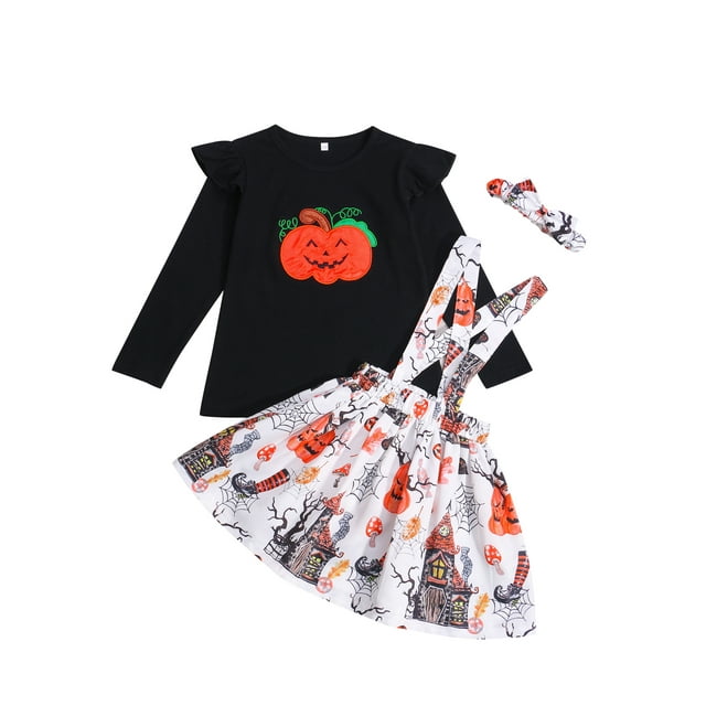 goowrom Enfants Citrouille Impression O-Cou Manches Longues Tops + Bretelles Jupe + Bandeau