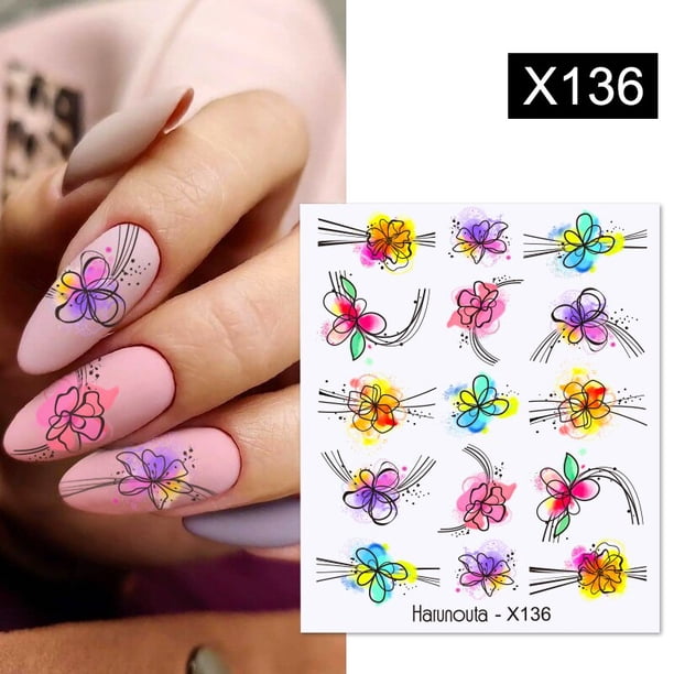 Calcomanías 3D de líneas geométricas de mármol fluorescente Harunouta, pegatinas para uñas, deslizador de hojas de flores para uñas, decoración artística de uñas para primavera y verano Tan Jianjun unisex