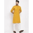 thumbnail image 5 of eloria Men's Traditional Mustard Yellow Solid Cotton Blend Long Kurta Pyjama set, 5 of 7