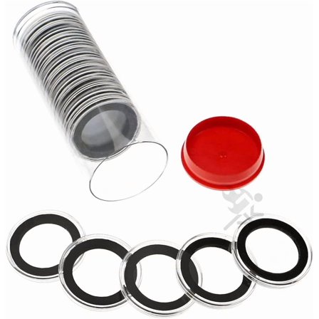 OnFireGuy 20 30mm Black Ring US Half Dollar 1oz Gold Maple Leaf Coin Holders & Capsule Storage Tube (Red Lid & Black Ring Holders)