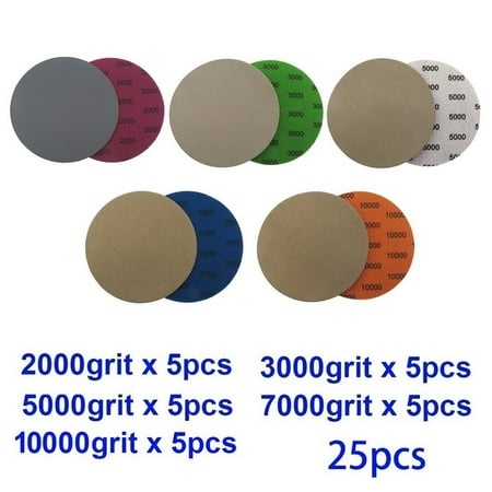 

BAMILL 25pcs 5 125mm Hook Loop Wet/Dry 2000/3000/5000/7000/10000 Grit Sanding Discs