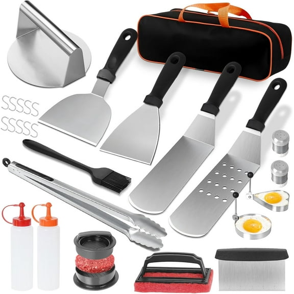27Pcs Griddle Accessories Grill Tools Kit, Blackstone Flat Top Grill Utensils Set with Stainless Steel Spatula, Scraper, Burger Press for Outdoor Grilling, Camping, BBQ, Xmas Gifts