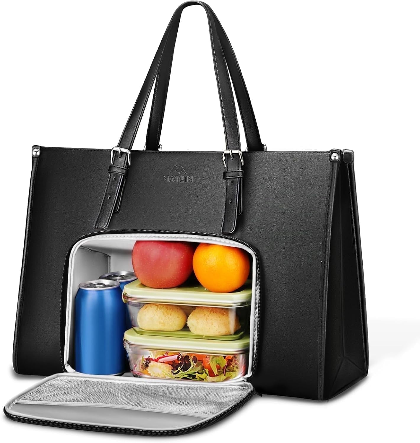 Matein Laptop Tote Bag with Insulated Lunch Compartment for Women Men, 15.6 inch Waterproof PU Leather Business Briefcase Handbag, Black