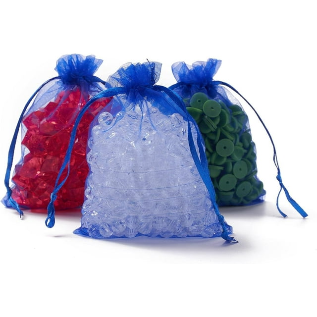 100 bolsas de regalo de organza con cordón para joyería, bodas, fiestas, regalos de Navidad, azules, 12 x 9 cm