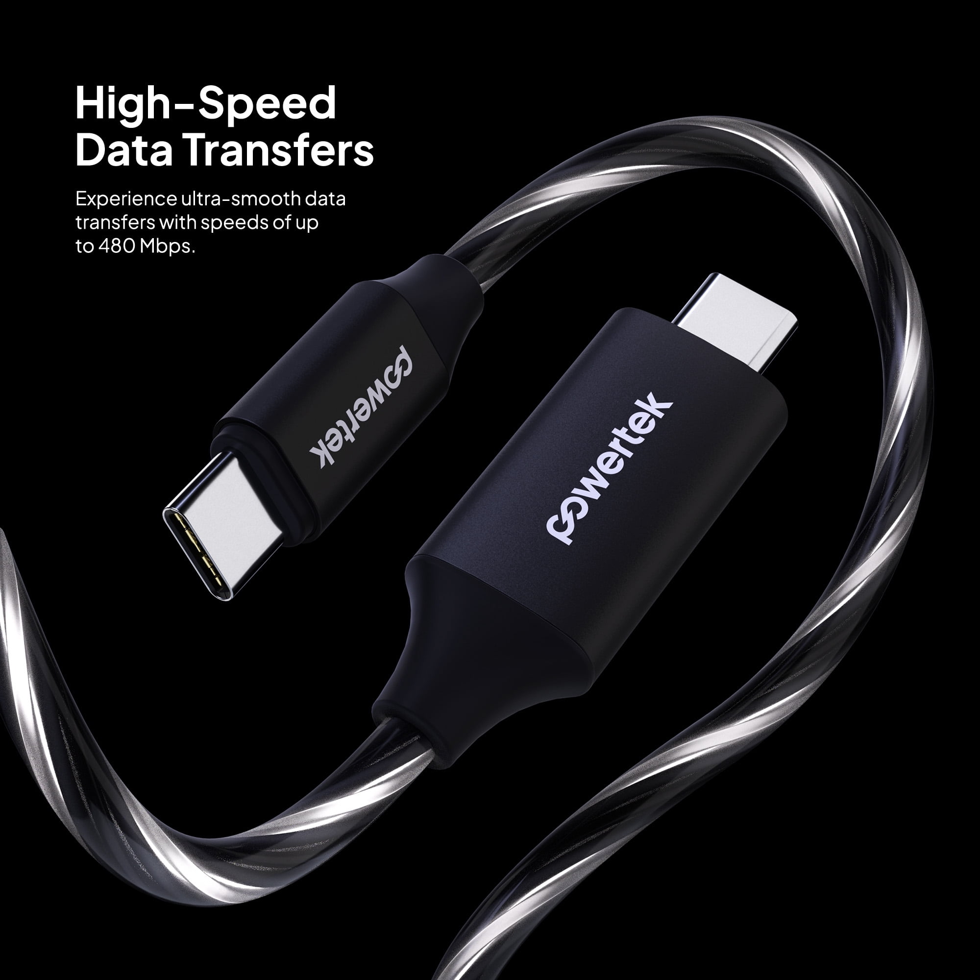 Powertek Light-Up USB-C to USB-C Fast Charging Cable, 60W, 5 ft, Black