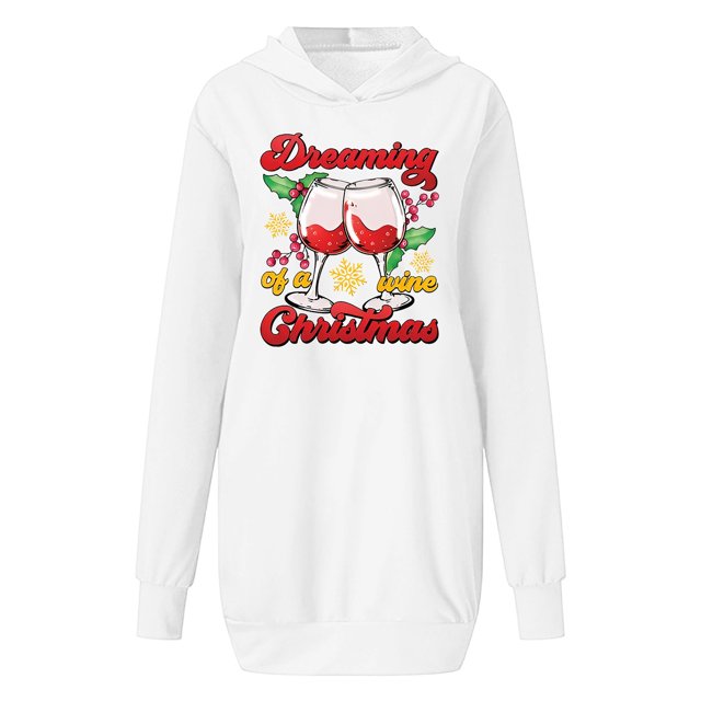 WEAIXIMIUNG Chandails en Molleton pour Femmes Décontracté Col Rond Poche Imprimé Verre de Noël Chandail à Capuchon