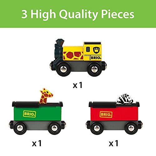 brio world - 33722 safari train | accesorio de trenes de juguete de 3 piezas para niños de 3 años en adelante Multicolor, vista frontal centrada de locomotora amarilla con patrón de jirafa y logo Brio y dos vagones verde y rojo con figuras de jirafa y cebra sobre ruedas negras; fondo blanco, para pistas infantiles y que también suele usarse como set de figuras en mesas de juego.