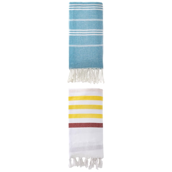 Unique Bargains 2 Pack Striped Turkish Beach Towel Brown/Blue 71"x40"/71"x35"
