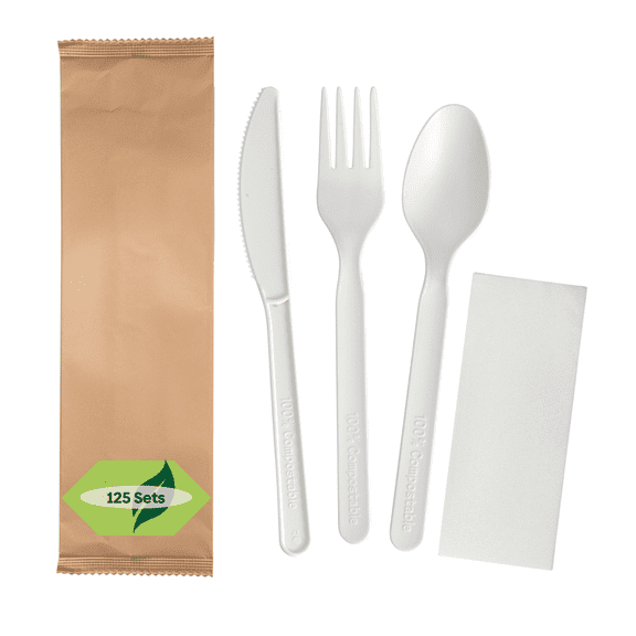 Greener Settings Compostable Disposable Cutlery Packets, White, 125 Pieces