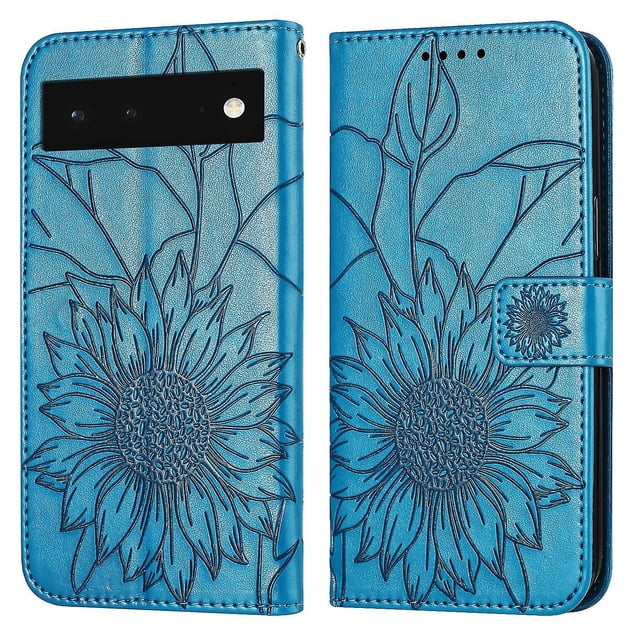 Funda tipo cartera con girasoles grabados para Google Pixel 6: elegante, multifuncional y con protección total.