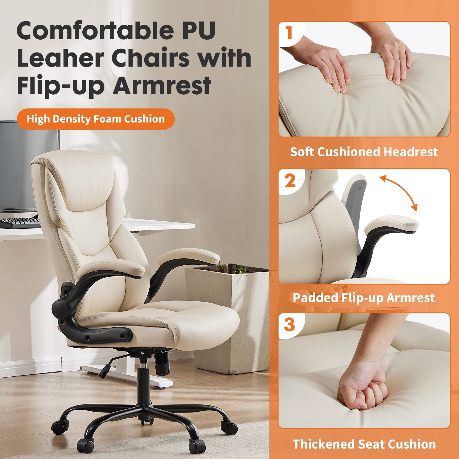 CONCETTA Ergonomic Executive Office Chair - High Back PU Leather Desk Chair with Adjustable Lumbar Support, Soft Padded Seat, Swivel & Rolling Wheels, White