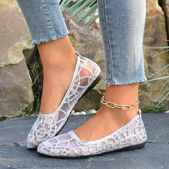 Caywon Women Feminine Mesh Sequin Embroidered Flat Shoes, Pointed Toe Bow Back Slip On, Dressy Casual Summer Comfortable, Ladies Shoes Zapatos Mujer