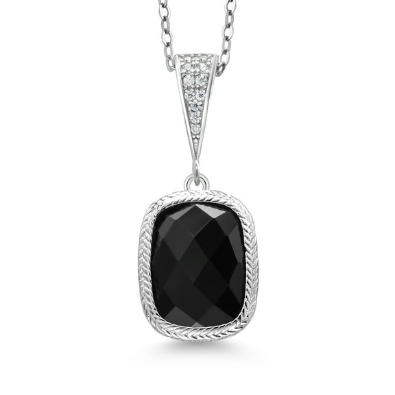 Gem Stone King 925 Sterling Silver Black Onyx Pendant Necklace for Women (2.30 Cttw, Gemstone Birthstone, Cushion Checkerboard Cut 13X9MM, 18 inch Chain)