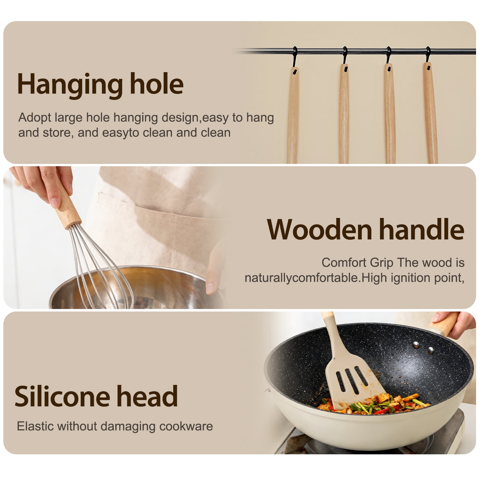 Silicone Cooking Utensils Set, Heat Resistant Kitchen Tools, 36 PCS Non-Stick Silicone Cooking Kitchen Utensils, Khaki