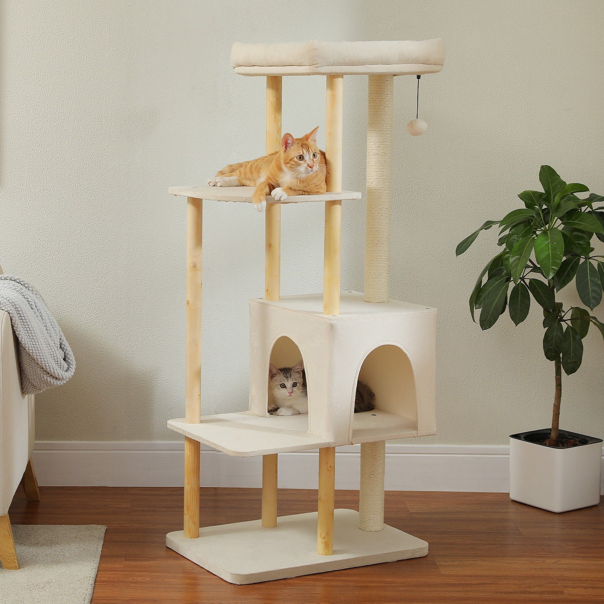 Kadyn 53" Cat Tree for Indoor Cats, Multi-Level Cat Climbing Tower with Sisal Scratching Posts and Top Perch, Beige