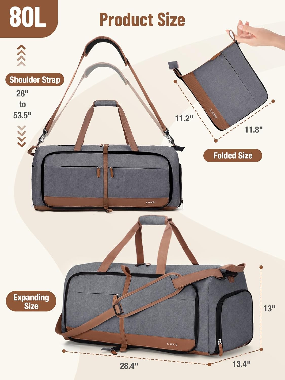 80L Large Foldable Travel Duffle Bag for Women - Separate Shoe Compartment, Carry On Weekend/Overnight/Hospital Bag with Straps (Blue Stripes)