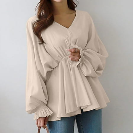 Wyongtao Women s Babydoll Blouses Casual Solid Color Drawstring V Neck Long Sleeve Round Hem Ruffled Peplum Tops Dressy Work Blouse Beige XL