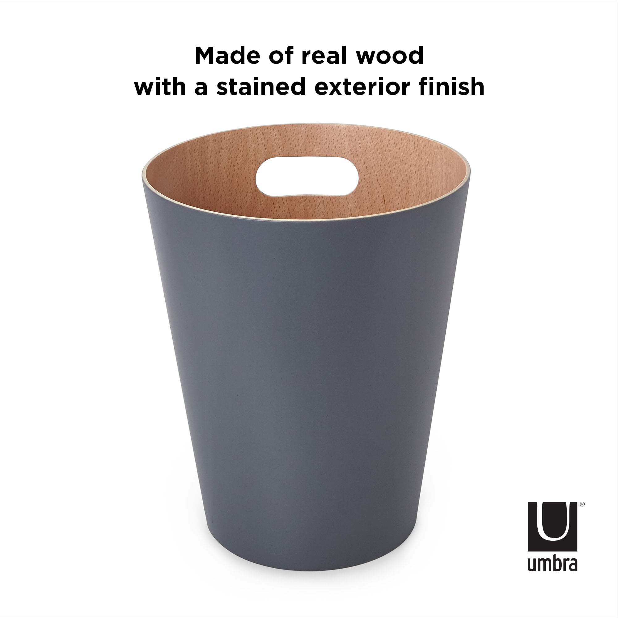 Umbra 2 gal Woodrow Wood Open Top Bathroom, Bedroom, Office Trash Can, Charcoal and Natural