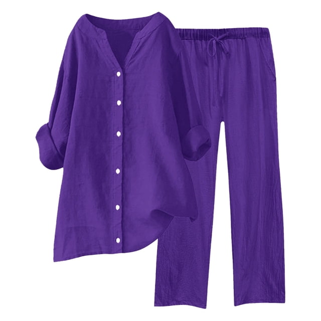 Ploknplq Jumpsuits for Women,Jogging Suits for Women Plus Size,Lounge Sets for Women,Shirt Tops Pockets Pants Shirt Trousers Set,Matching Sets Women Clothing,Track Suits for Women Set Purple M