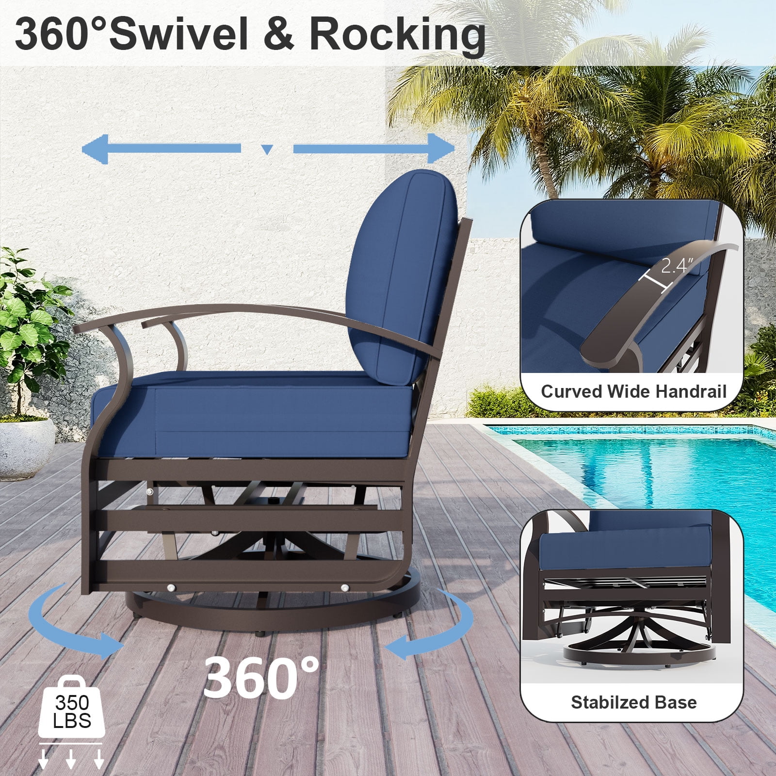 ALAULM Aluminium Patio Furniture Set with Swivel Chairs, 9-Seater Metal Outdoor Furniture Patio Sectional Sofas Patio Conversation Set with 2 swivel chairs For Patio, Backyard, Poolside - Navy Blue