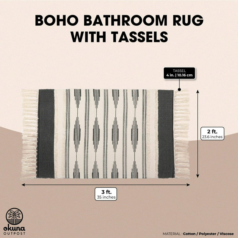 Grey Bohemian Bathroom Rug with Tassels, Boho Mat (23.6 x 35