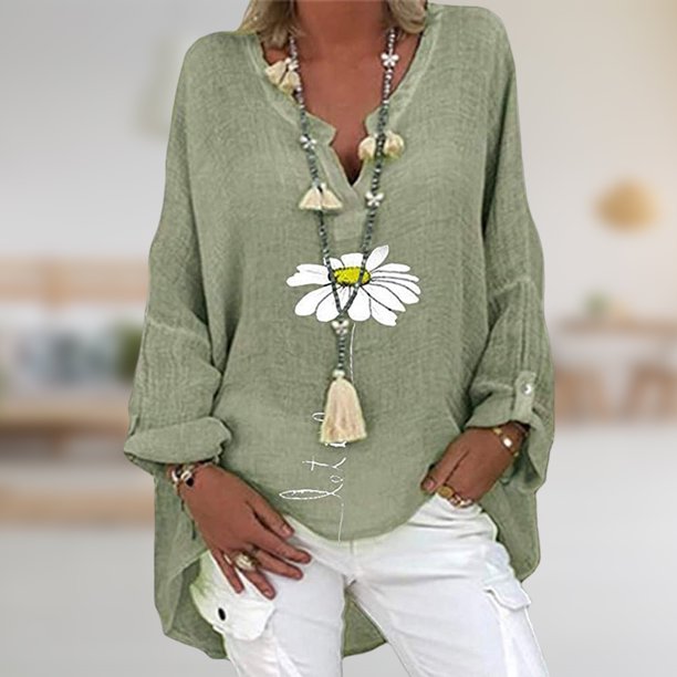 Blusa Camisas de mujer Blusa de camiseta de algodón elegante con estampado floral de manga larga (Verde M) Cgtredaw Verde T M para Mujer