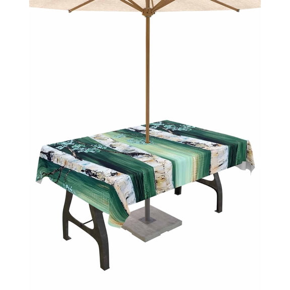 Outdoor Tablecloth with Umbrella Hole for Patio/Picnic/Party/Camping, Green Brown Tree Waterproof Table Cloth Rectangle Table Cover Washable, Vintage Flower on Trunk Branch 54"x 80"