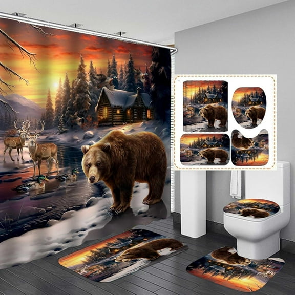 Jayden Madge 4PCS Black Bear Shower Curtain Set, Country Mountain River Pine Tree Forest Mallard Duck Deer Elk Moose Wild Animal Hunting Lodge Cabin Rustic Farmhouse Bathroom Decor, Non-Slip Bath Mat