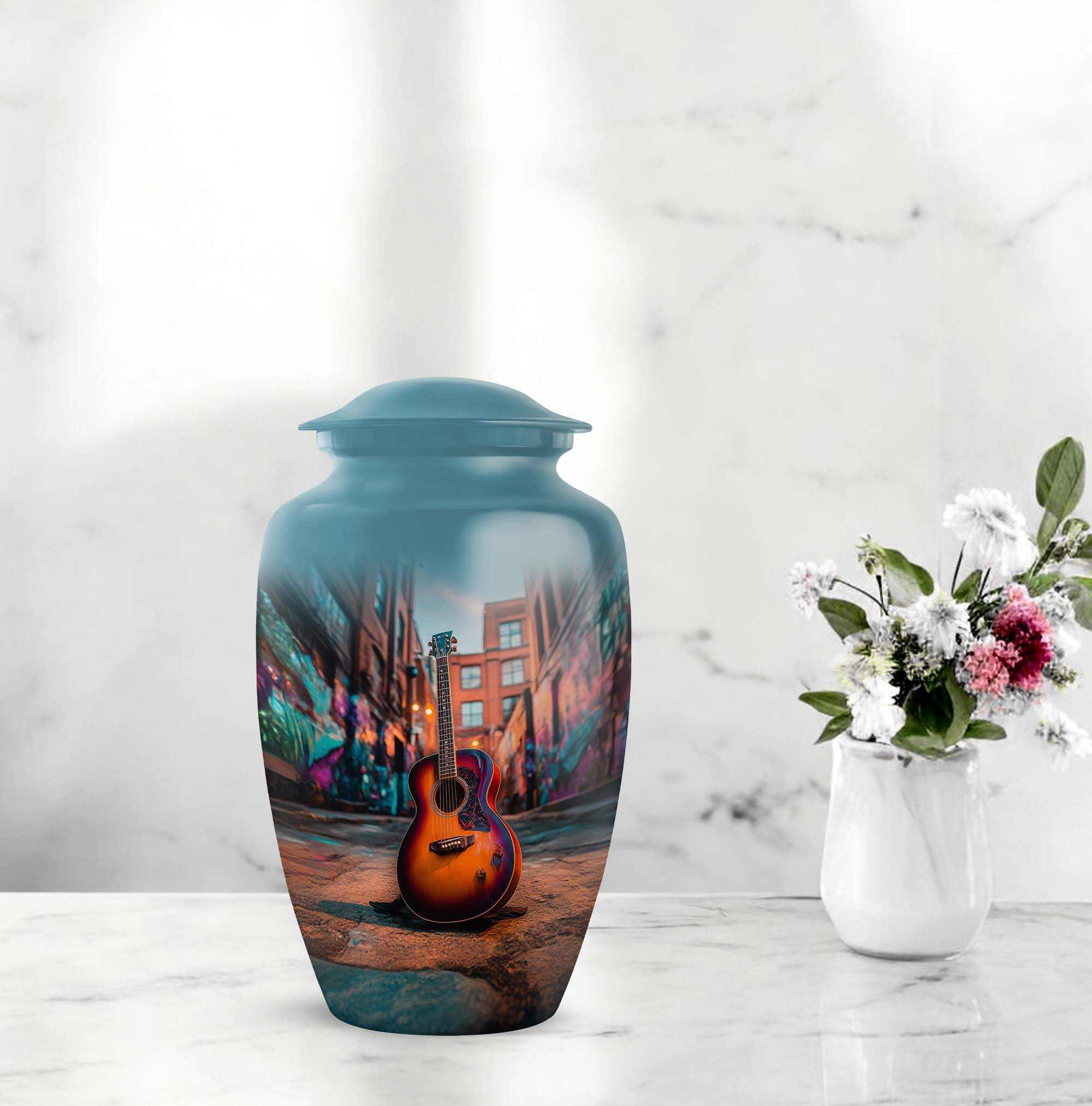 Guitar Women Urns For Human Ashes Adult Male - Funeral Urn For Man And Women 1 Large 10 Inch, 4 Keepsake Set - Blue Urns For Human Ashes For Uncle And Aunty - Pink Cremation Urn For Adult Mother