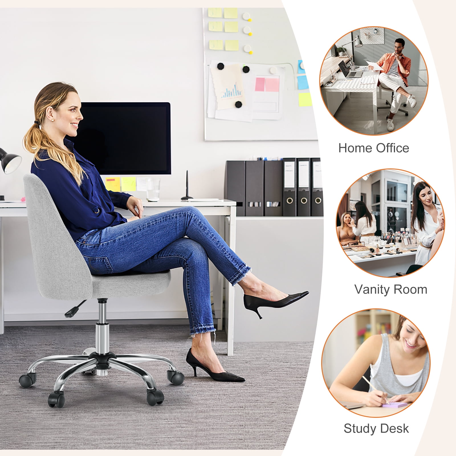 MAYEERTY Armless Office Desk Chair Height Adjustable ,Mid Back Accent Chair,Gray