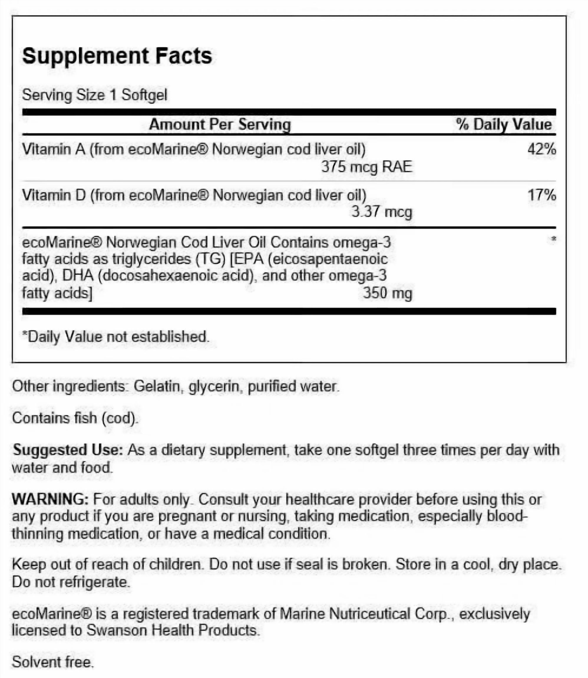 Swanson Cod Liver Oil - Wellness Supplement Promoting Bone, Skin Health, Vision Support & Immune System Function w/ High Absorption Vitamin A - (180 Softgels, 350mg Each) 2 Pack