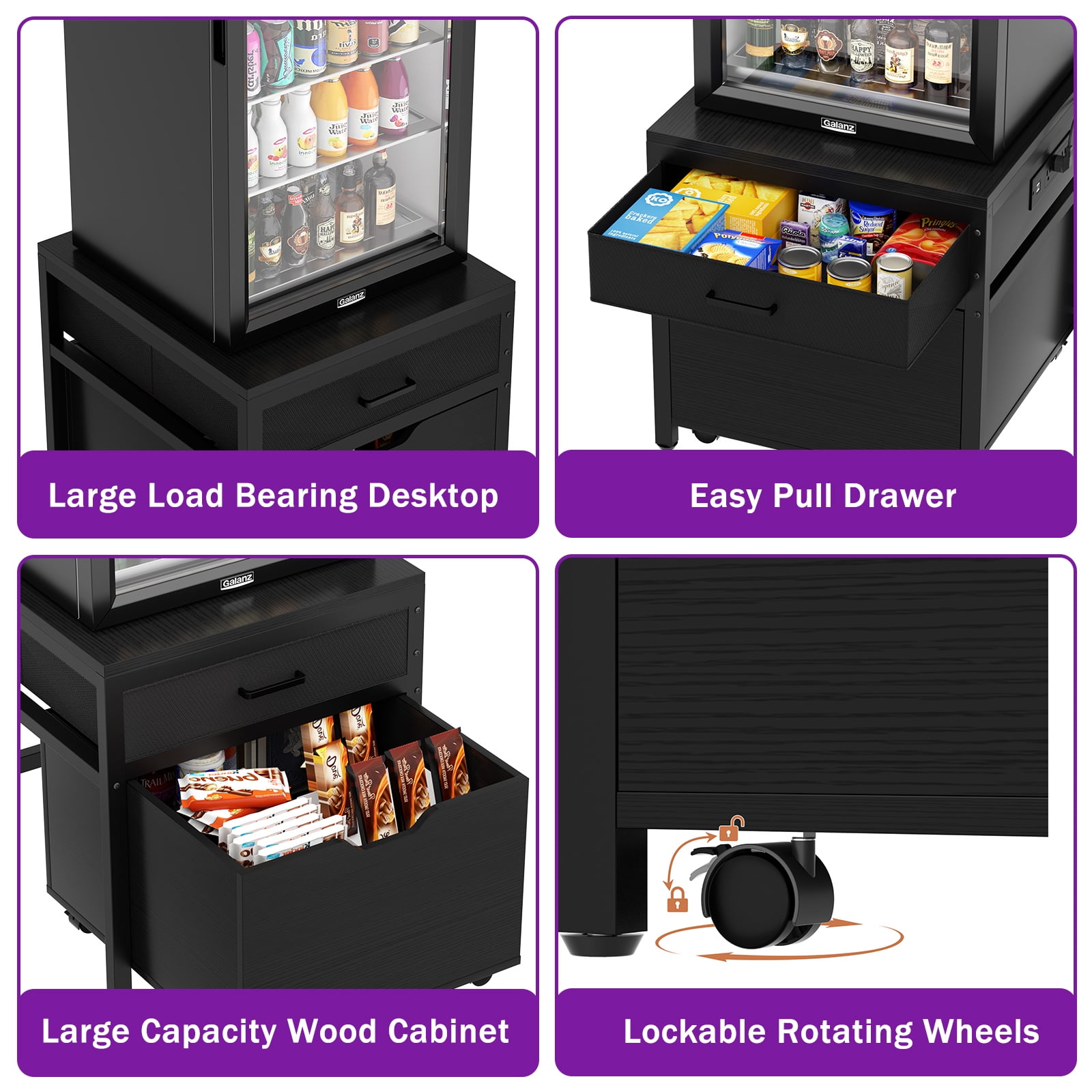 Aheaplus Heavy Duty Rolling Mini Fridge Stand with Drawer Storage & Sockets - Compatible with Mini Fridge & Microwave - for Dorm, Apartment, Office - Black