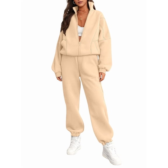 Women'S 2 Piece Outfits Casual Lapel Zip Sweatshirts and Wide Leg Pants Tracksuit Sets Color L