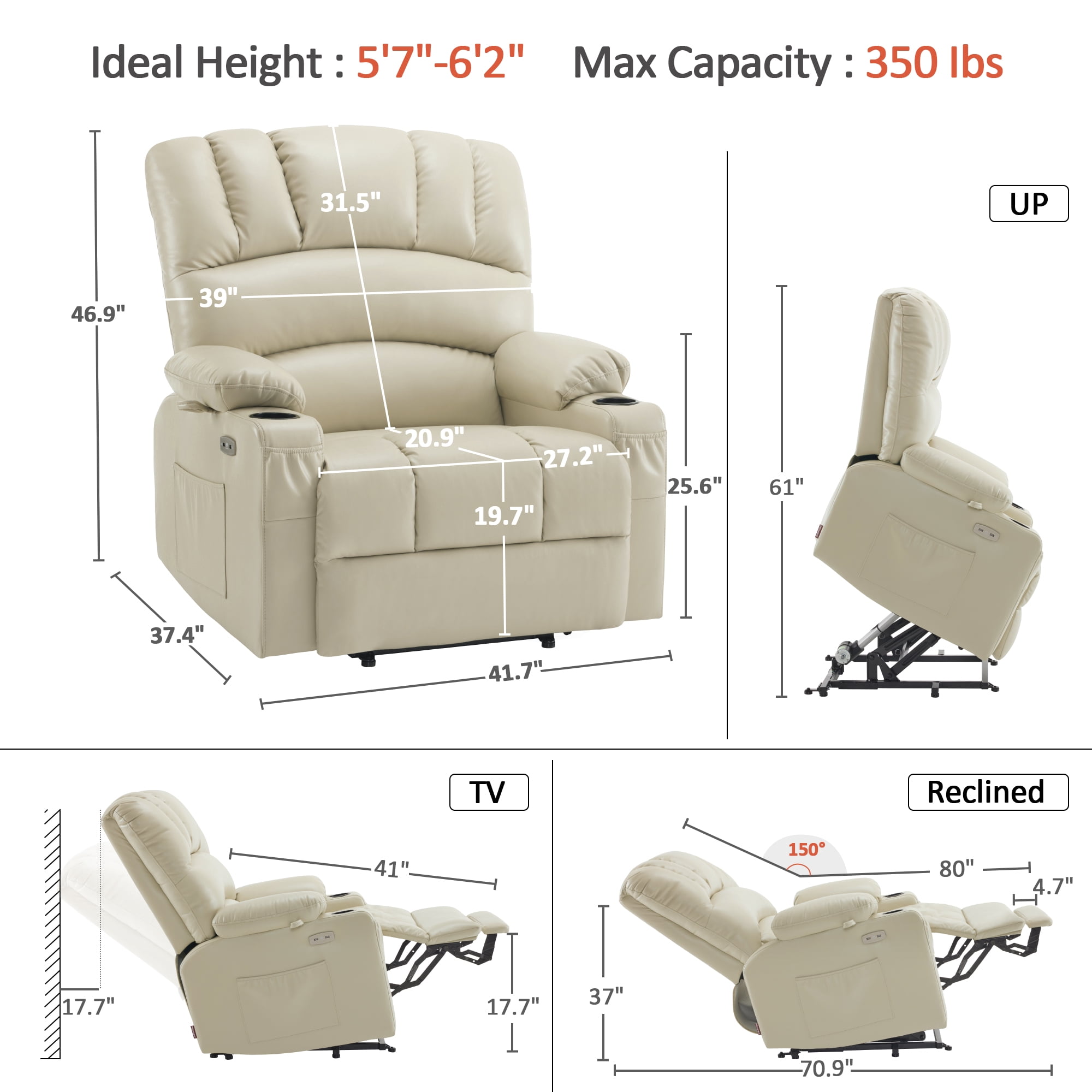 MCombo 27.2'' Extra-Wide Seat Oversized Power Lift Recliner for Big Tall, Faux Leather(Large-Wide, Cream White)