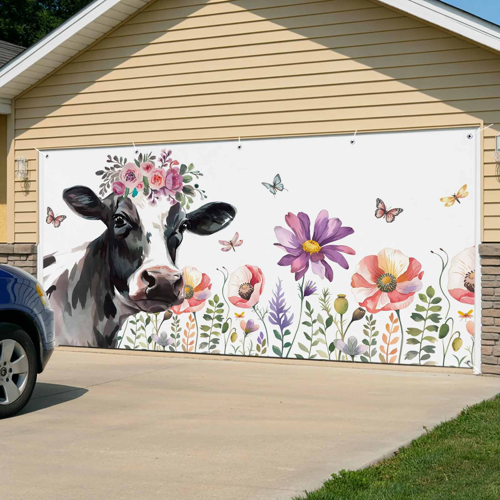 Cow Flower Garage Door Cover Banner 7 x 16 FT, Farmhouse Cattle Botanical Butterfly Floral Garage Door Curtains Backdrop with Grommets for Indoor Outdoor Wall Party Porch Yard Decorations Background