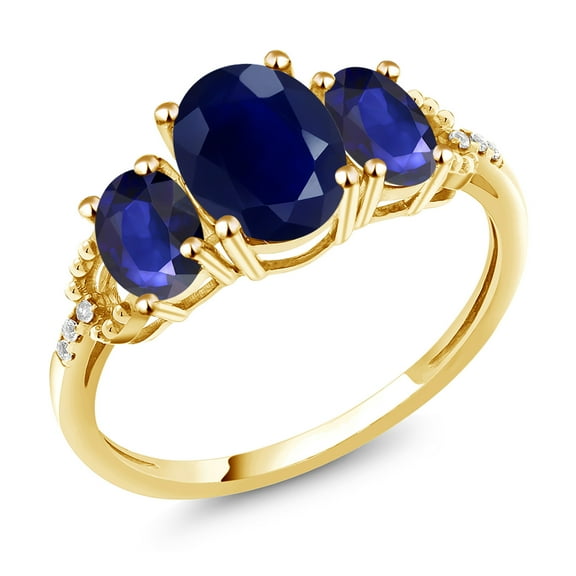 Gem Stone King 5.49 Cttw 10K Yellow Gold Blue Sapphire and White Diamond Accent 3-Stone Engagement Ring | Oval 8X6MM and 6X4MM | Three Stone Wedding Anniversary Promise Ring for Women (Size 9)