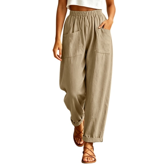 Maplenight Womens Cotton Pants Summer Elastic High Waisted Pants with Pockets Loose Fit Casual Trousers for Outdoor​