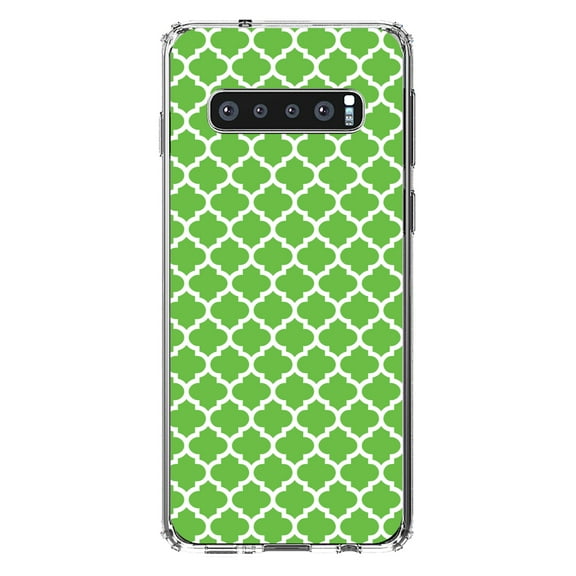 DistinctInk Clear Shockproof Hybrid Case for Samsung Galaxy S10  PLUS(6.4" Screen) - TPU Bumper, Acrylic Back, Tempered Glass Screen Protector - Green White Moroccan Lattice