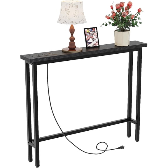 BoldGear 39" Narrow Console Table with Charging Station & 4.9 Ft Extension Cord & Adjustable Feet, behind Couch Table for Living Room, Hallway,Black