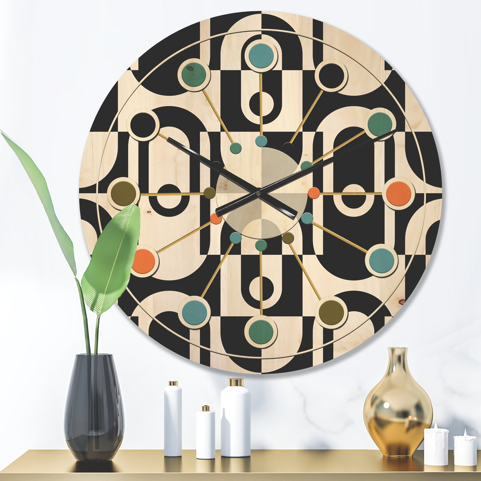 Designart 'Black and White Geometric Pattern VIII' Mid-Century Modern Wood Wall Clock