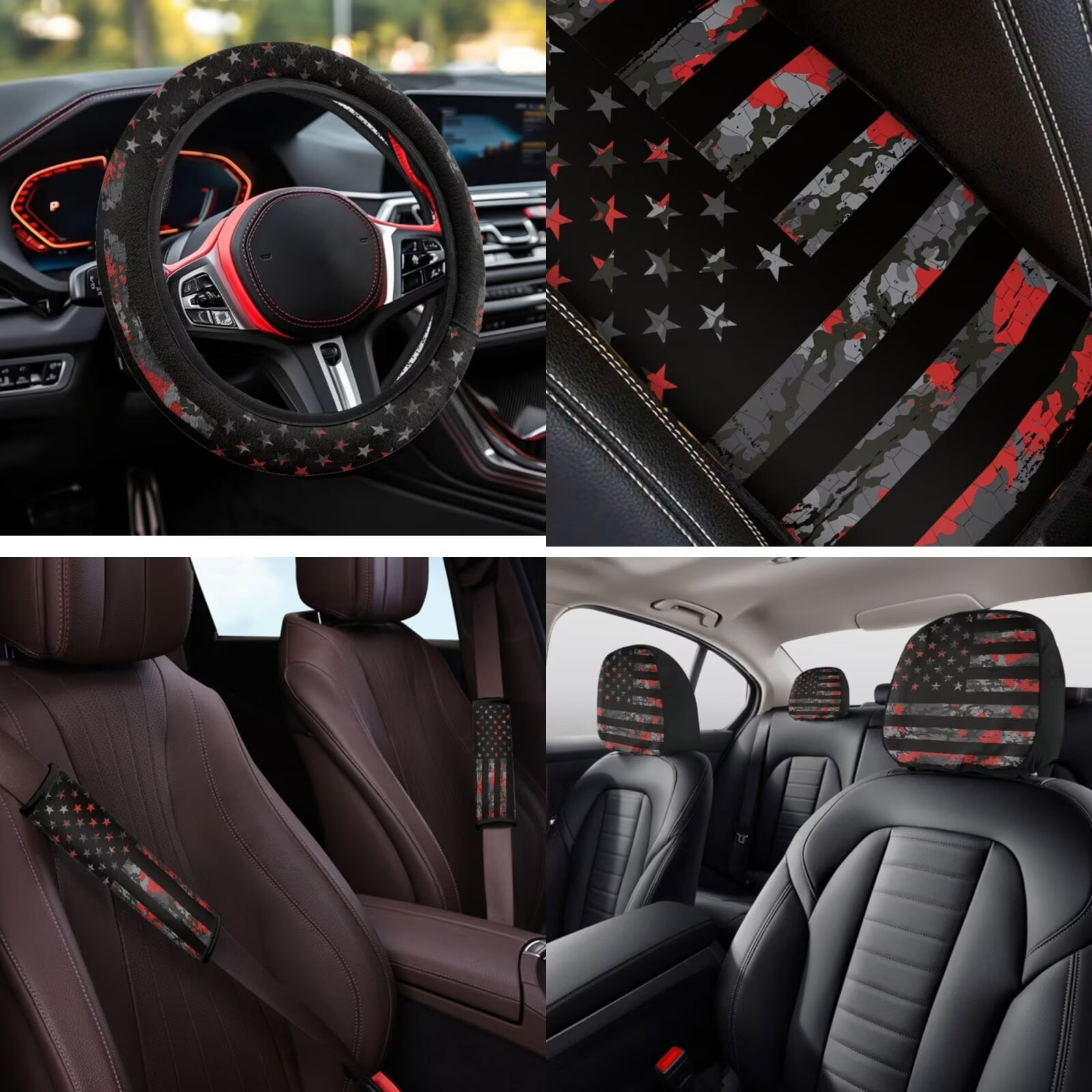 Uorisanigo American Flag 14 Pieces Car Accessories Set with Car Seat Covers and Steering Wheel Cover Water Cup Pad Car Console Cover Seat Belt Pads Keychain Soft Elastic Fabrics Fit Car SUV