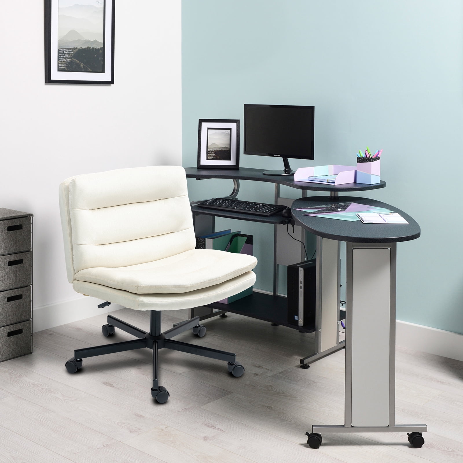 Criss Cross Legged Chair Ergonomic Home Office Desks Chair with Casters, Armless Wide Comfy Vanity Desk Seat Swivel Rolling Computer Chair, Adjustable Height, Rocking Function, Beige