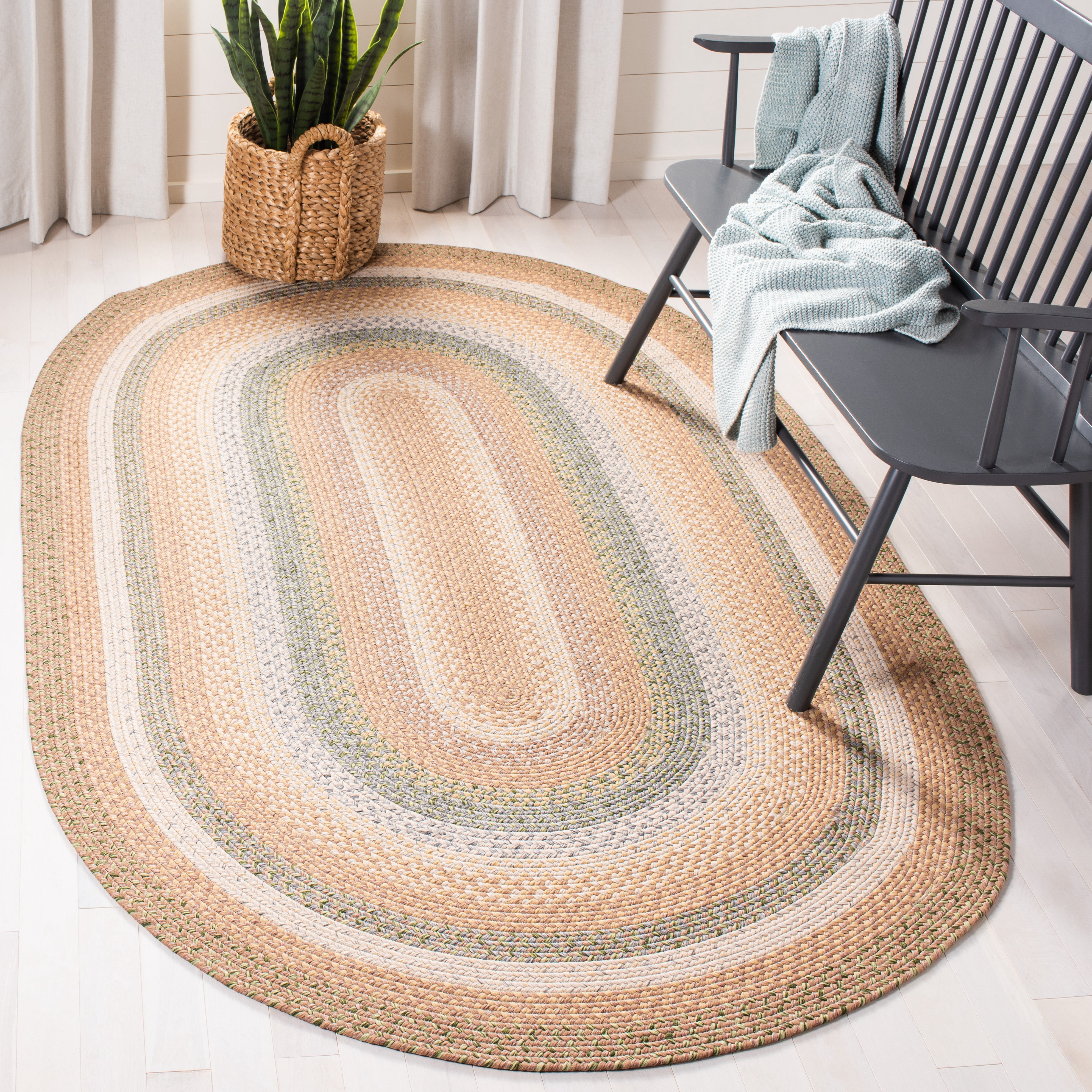 SAFAVIEH Braided Marco Bordered Machine Washable Reversible Area Rug, Tan/Multi, 3' x 5' Oval