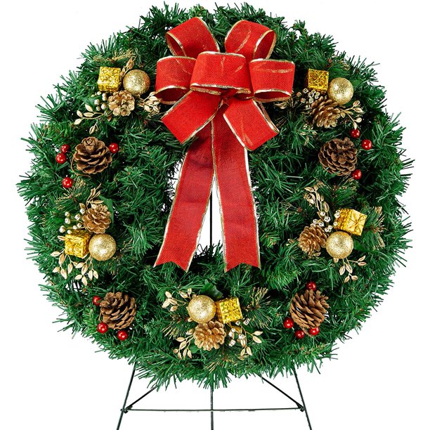 Sympathy Silks Christmas Memorial Wreath Decoration Gold Ornaments With Hand Tied Red Burlap Bow On 30 Inch Easel Artificial Greenery Wreath Fade Resistant Walmart Com